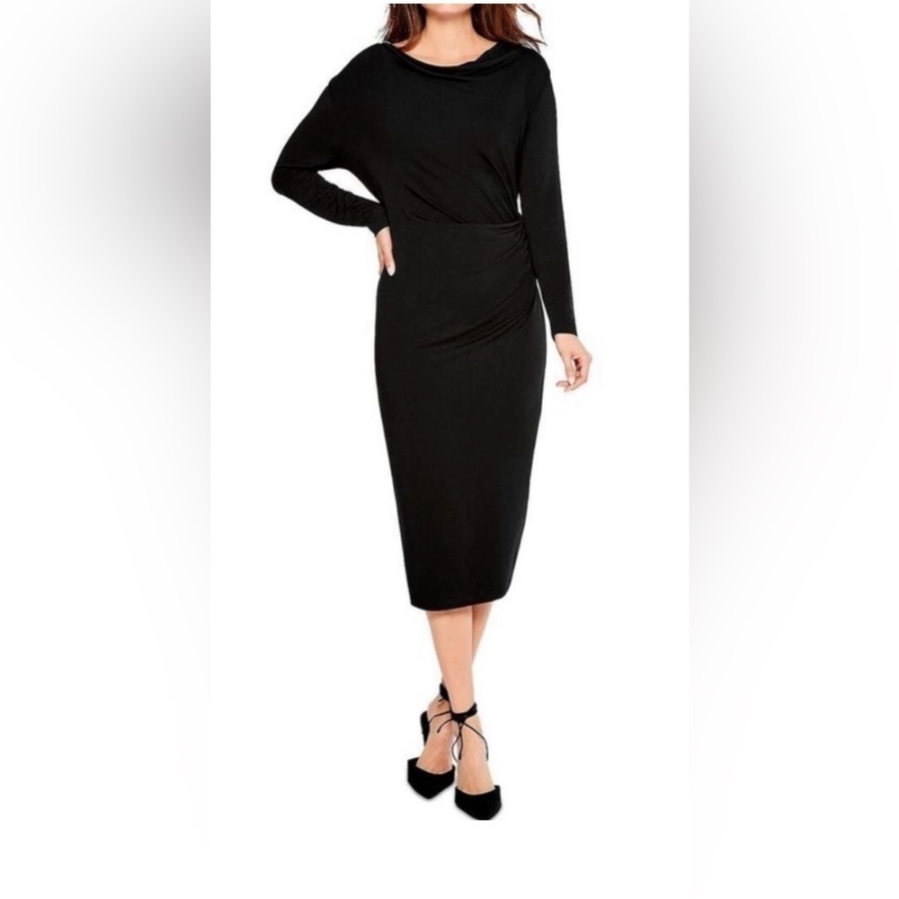 NIC+ZOE Black Long Sleeve Ruched Draped Cowl Neck Dress